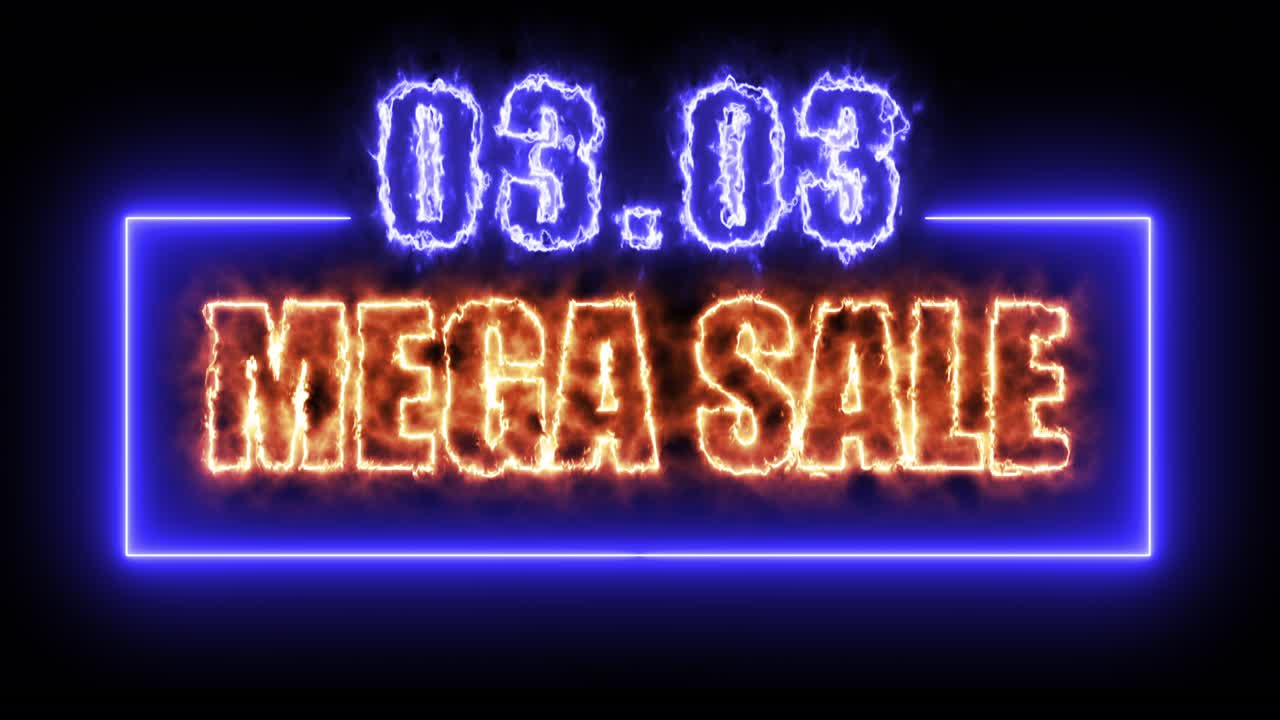 흑색 배경의 다채로운 네온 표지판을 사용하여 프로모션 비디오를 판매합니다.