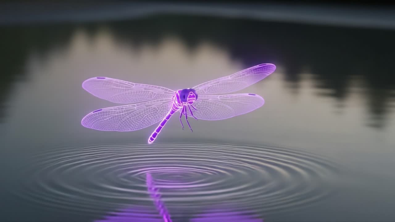 A Stunning Visualization of a Dragonfly: Captivating Holographic Representation of an Ethereal Insect Hovering Above Calm Waters