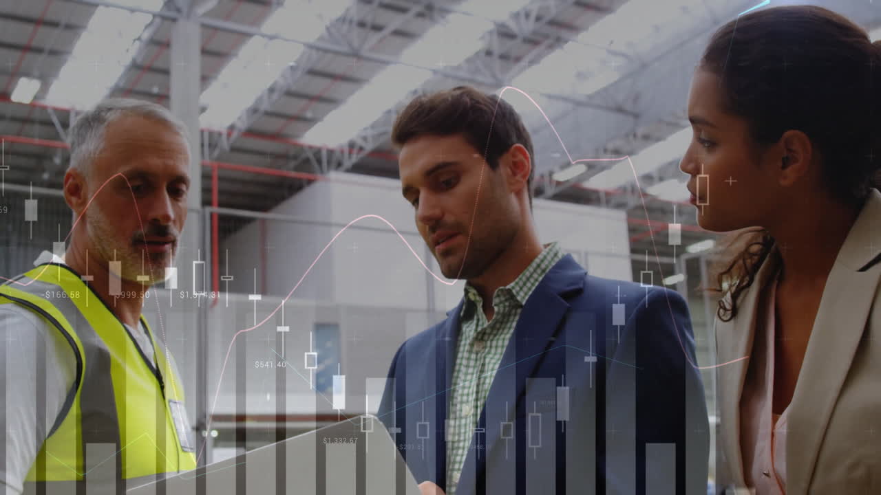 Animation of data processing and diagrams over diverse business people using tablet