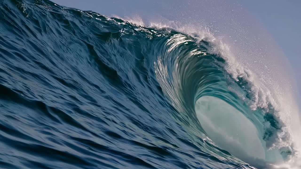 Dynamic video shot capturing a powerful ocean wave from a low angle, emphasizing the wave's curve
