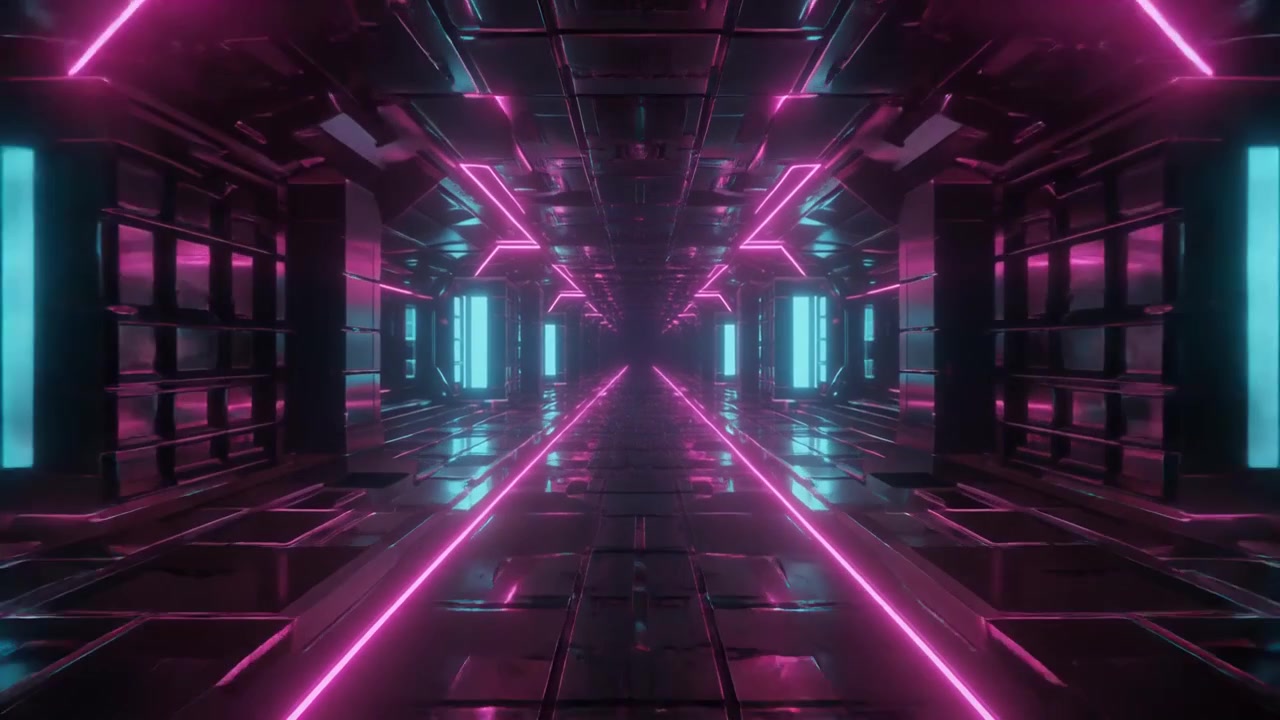 Pasillo futurista de ciencia ficción con luces de neón rosas y azules brillantes