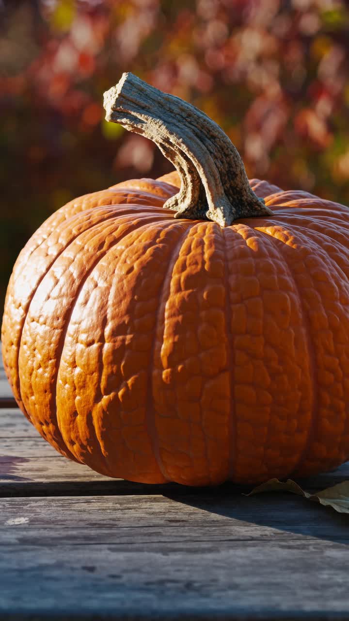 Close-up video of a pumpkin on a wooden table, shot from a low angle