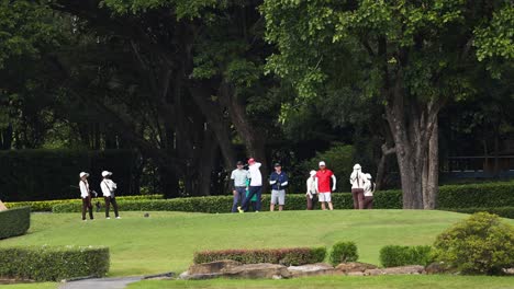 people enjoying a golf game in a park.