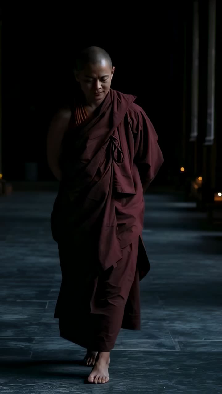 Vertical video: Walking monk stepping barefoot on stone hall to camera with maroon robe and candles