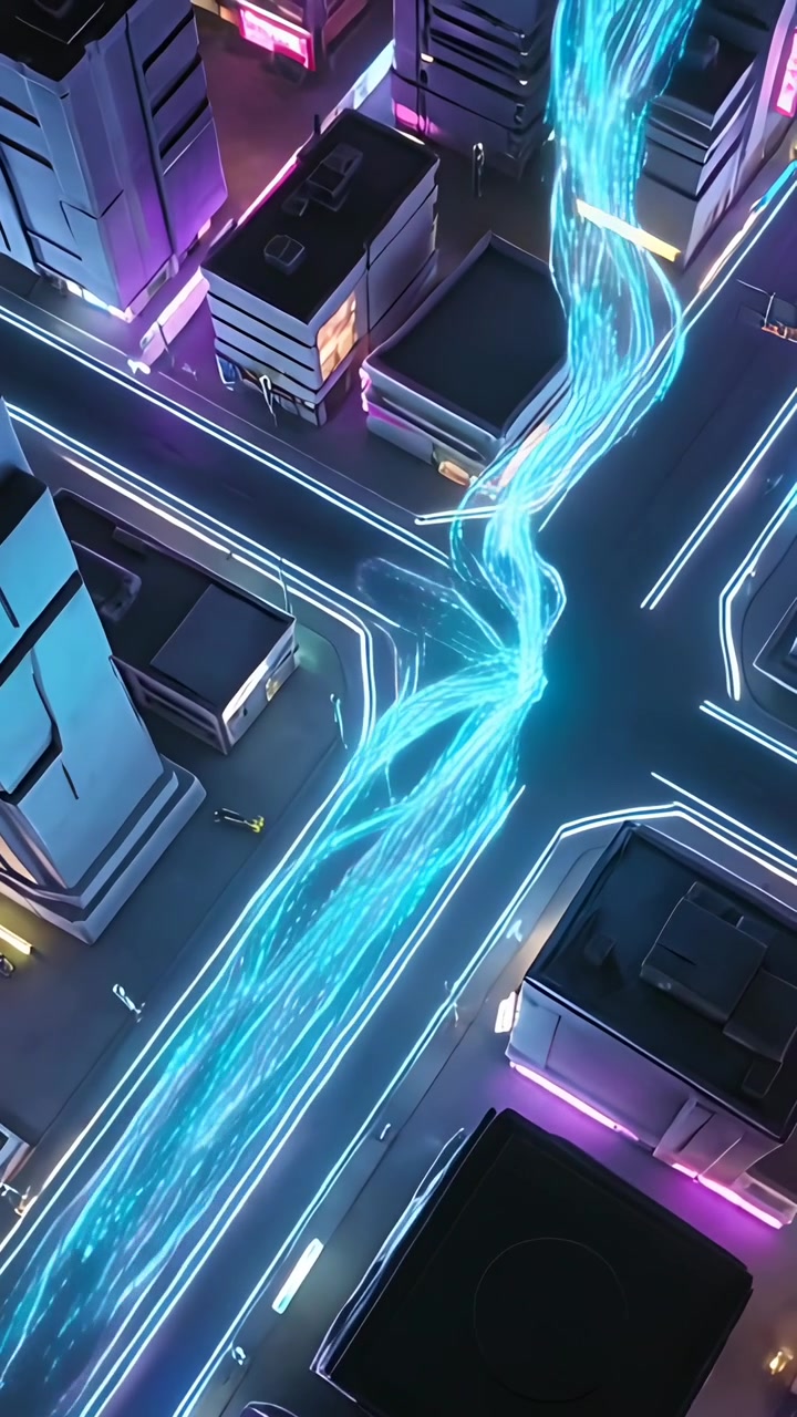 Video verticale: Entrando dall'alto, un nastro ciano si divide attraverso un incrocio al neon di notte, trasportando dati.