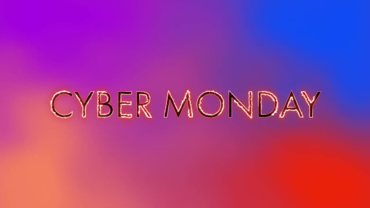 animación digital de la quema del texto de cyber monday contra un fondo de gradiente azul y rojo