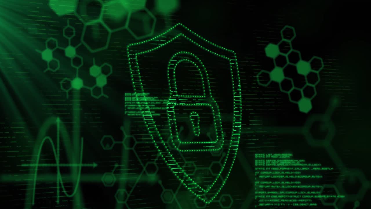 animazione del simbolo del lucchetto a puntino verde, con elaborazione delle informazioni e dei dati su nero