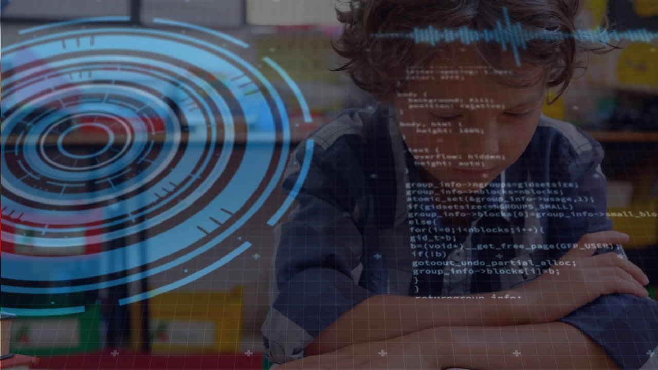 Round scanner and data processing against caucasian boy studying at elementary school