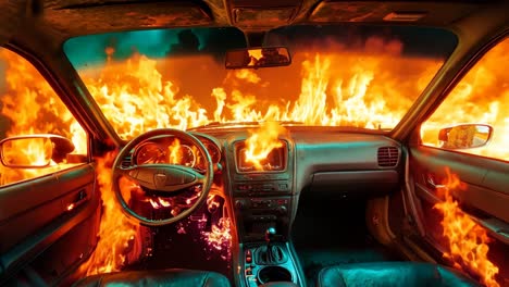 a car with flames coming out of the dashboard and dashboard of a car