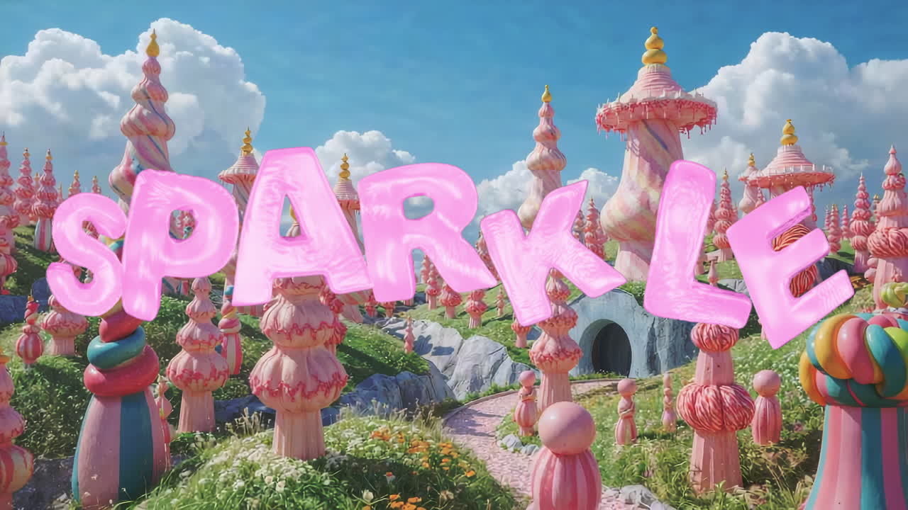 Sparkle text in a whimsical candy land fantasy landscape