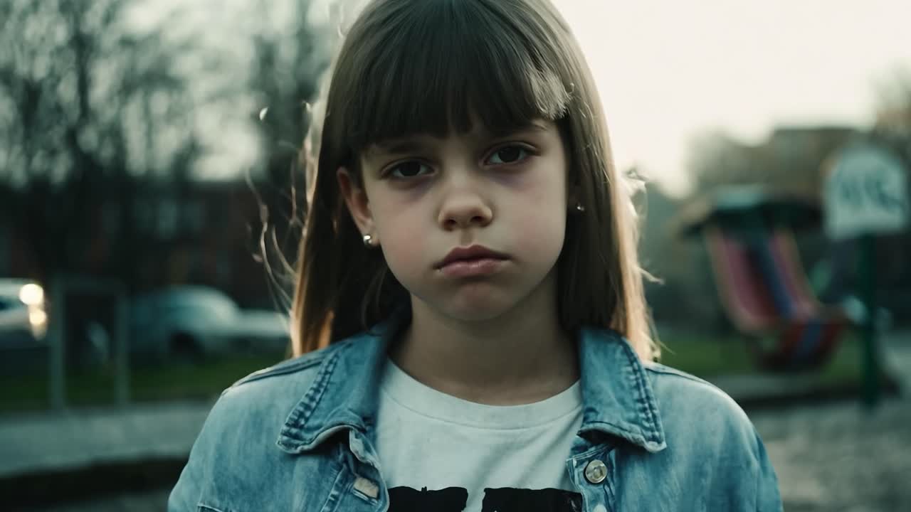 una joven triste con una chaqueta de jean azul está de pie frente a un patio de recreo.