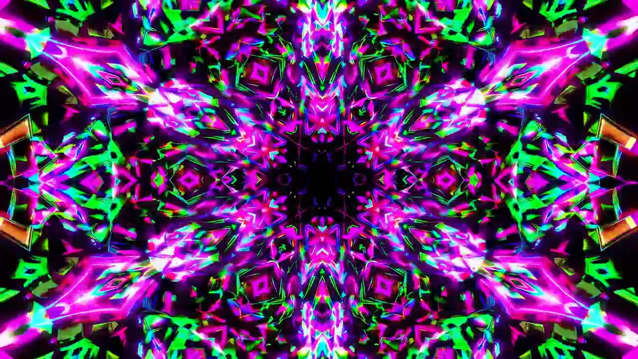 Dynamický abstraktní kaleidoskopický vzor se zářivými neonovými barvami