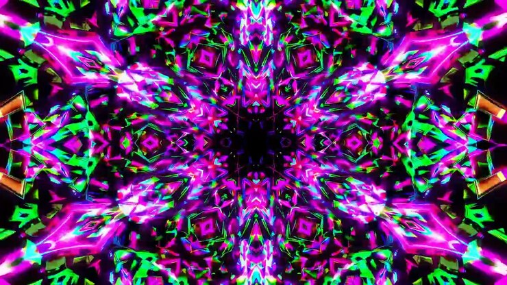Dynamický abstraktní kaleidoskopický vzor se zářivými neonovými barvami