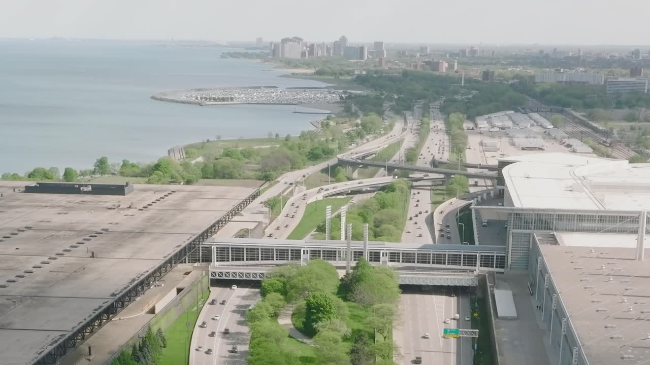 Aerial view of Chicago with roads and waterfront near Lake Michigan