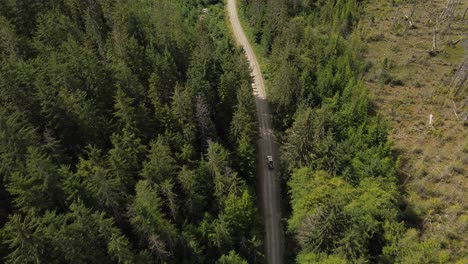 vehículo que viaja entre un bosque alpino en la isla de moresby desde una inclinación aérea hacia abajo dolly shot, canadá