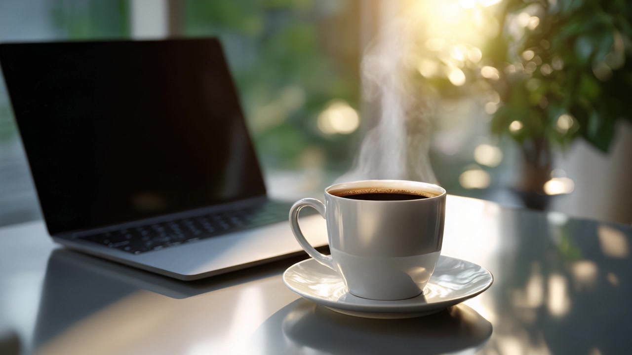Uma cena matinal serena com uma xícara de café fumegante ao lado de um laptop, com a luz do sol quente iluminando o espaço de trabalho, convidando à tranquilidade e ao foco
