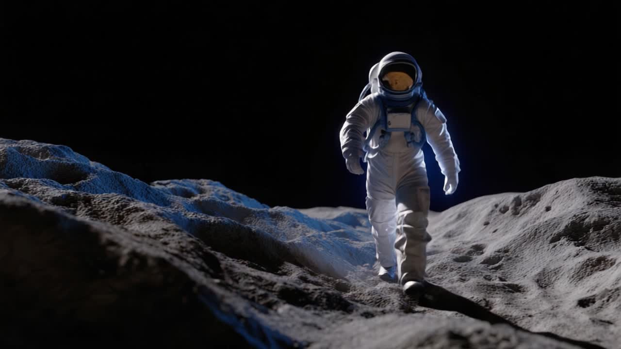 An astronaut, encapsulated in a space suit, walks across the rugged lunar surface illuminated by distant starlight, embodying the spirit of exploration and discovery