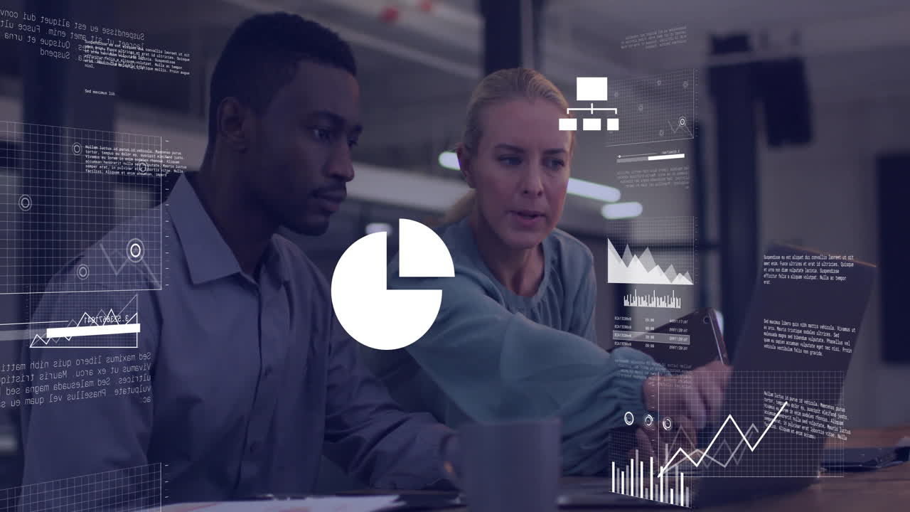 Animation of data processing and diagrams over diverse colleagues discussing work