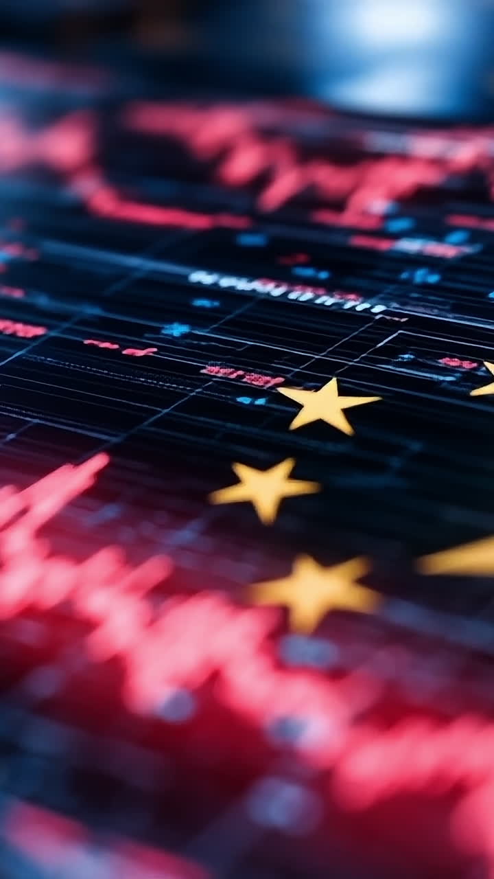 Stock market analysis with China flag. A red and black stock chart shows fluctuations, with the China flag overlaying it to signify economic focus.