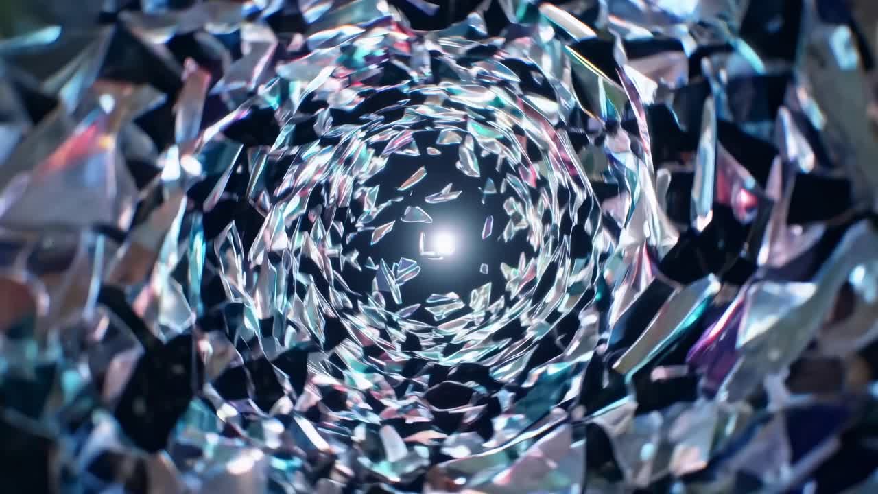 Fragmented glass twirling dynamically, forming hypnotic spiral converging toward luminous center, revealing dramatic visual interaction between shattering material and intense chromatic energy