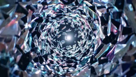 fragmented glass twirling dynamically, forming hypnotic spiral converging toward luminous center, revealing dramatic visual interaction between shattering material and intense chromatic energy