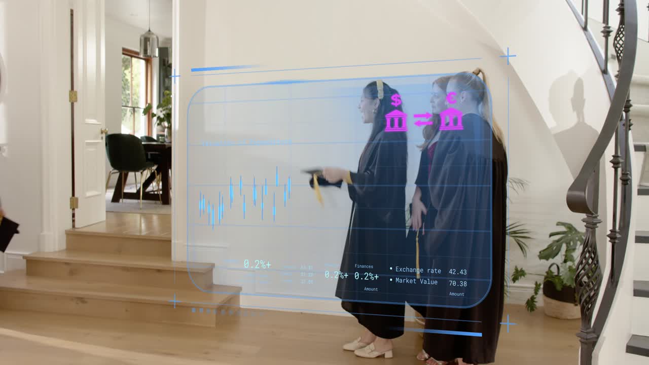 Graduates adjusting gowns preparing for graduation, AR charts highlighting caps as man enters
