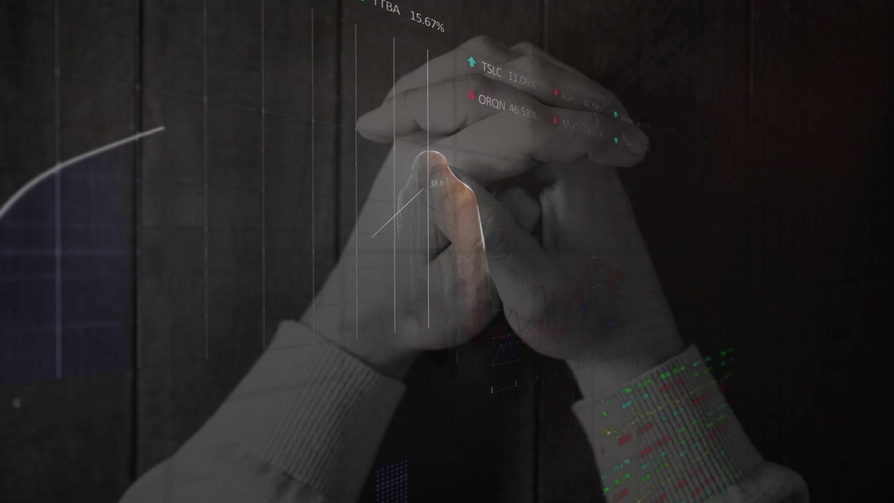 Clasped hands staying still as tickers appearing from right, charts growing, showing market data