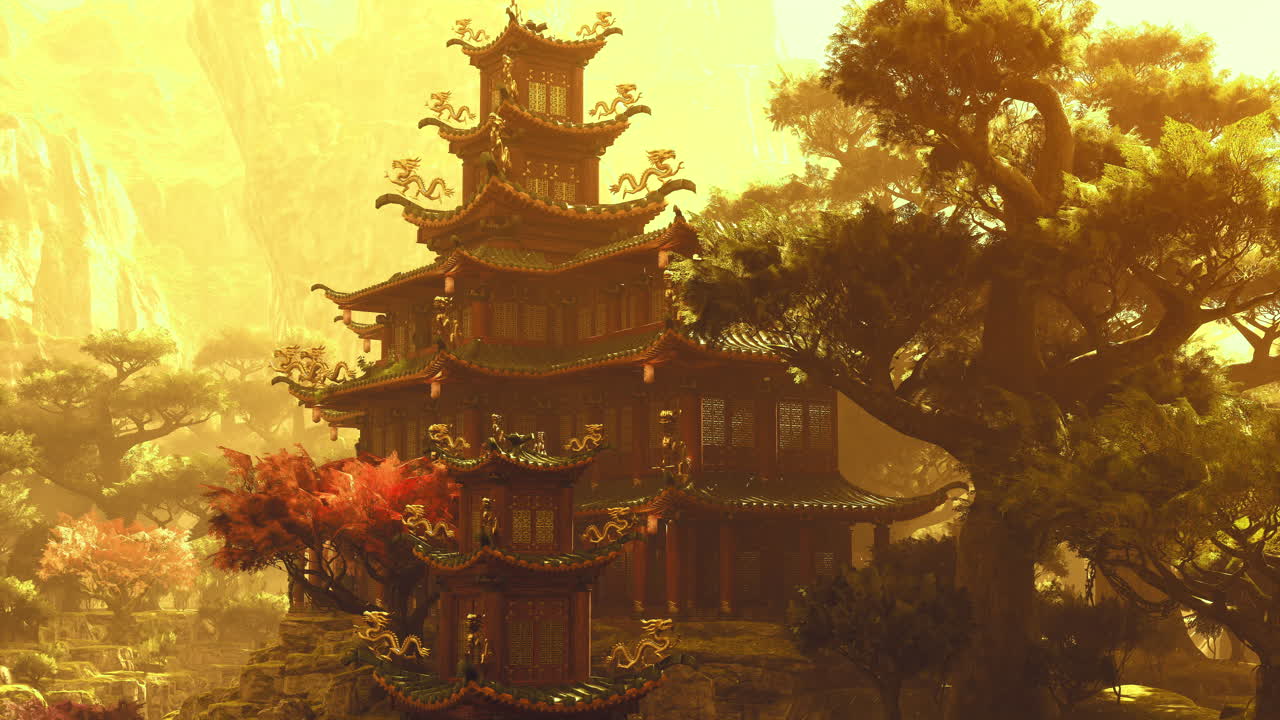 Traditional chinese architecture amidst vibrant nature during sunset