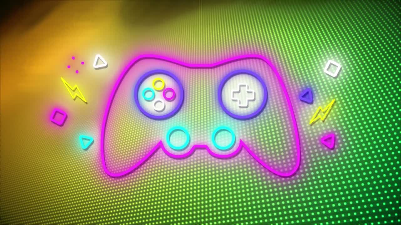 노란색과 초록색 배경 위에 네온 조이 패드의 애니메이션