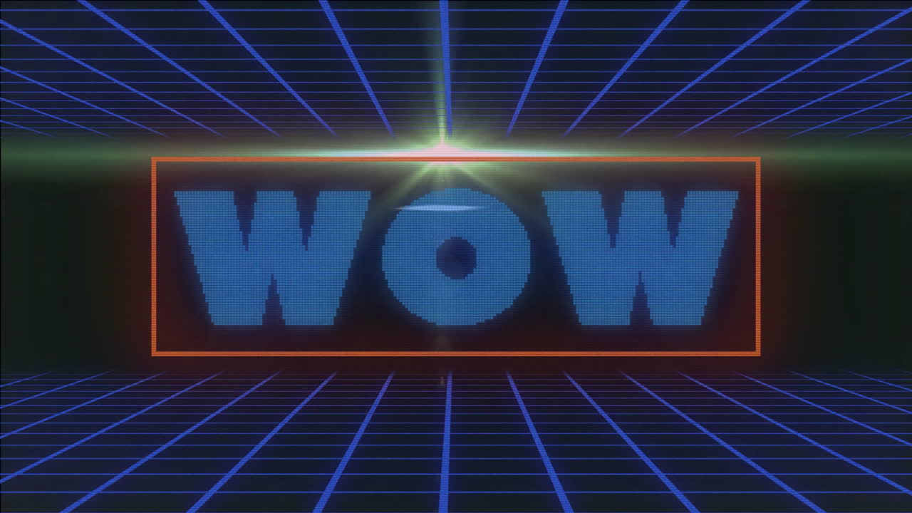 검은색 배경의 빛의 흔적과 선 위에 와우 텍스트의 애니메이션