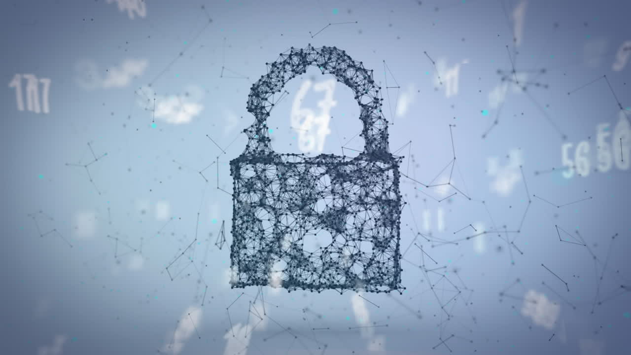 animación de números blancos y candado de red negro, a través de la red de conexiones en gris
