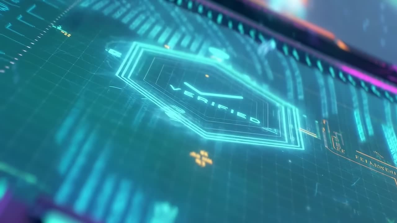 Futuristic video concept with a close-up angle on a digital screen displaying 'Verified'