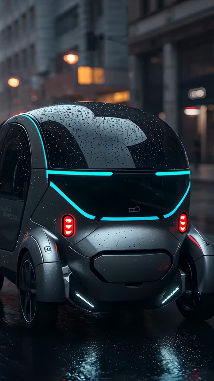 Vertical video: Pulling back camera revealing compact EV on wet city street, showing cyan LEDs