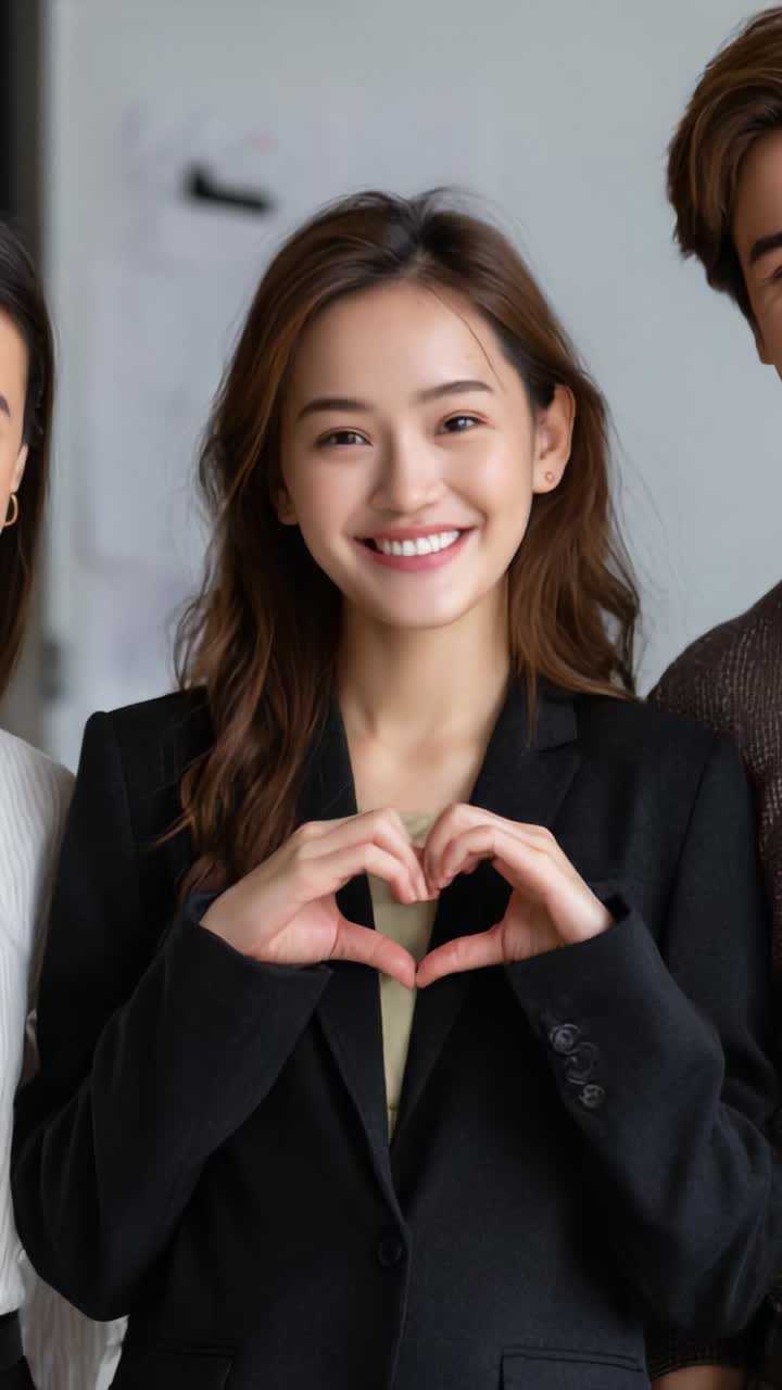 Joyful Moment of Connection: A Smiling Individual Making a Heart Gesture with Their Hands, Radiating Positivity and Warmth in a Collaborative Environment