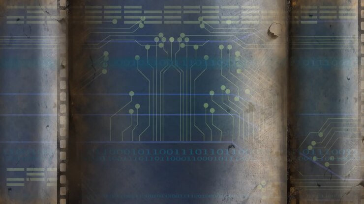 Circuit board and binary code animation over rusty metal surface