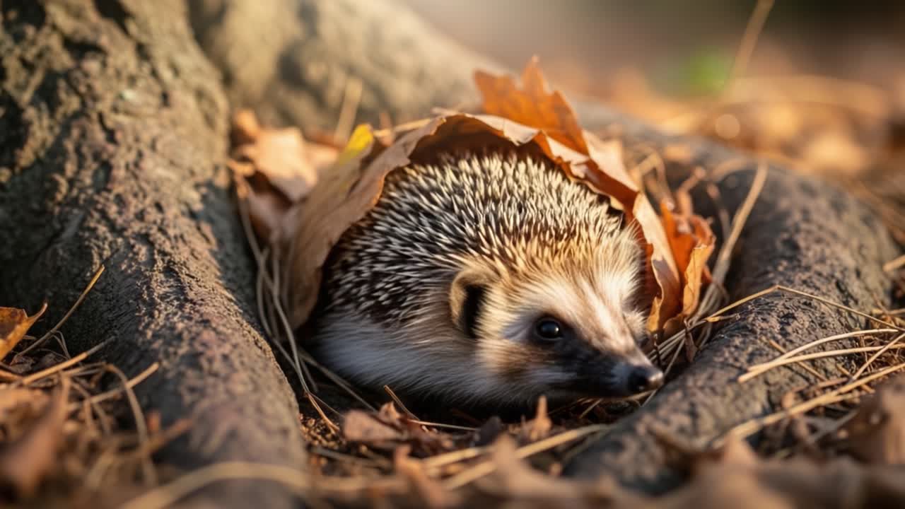 Ein Igel kuschelt sich in Herbstlaub in der Nähe eines Baumes und fängt die Schönheit der Natur in einem ruhigen Moment der Tierwelt ein