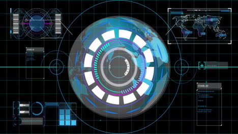 futuristic data processing animation over digital globe with various interface elements