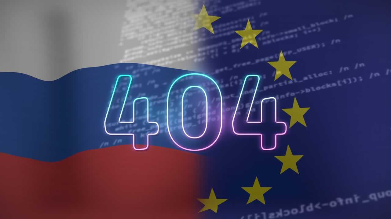 анимация 404 обработка текста и данных над флагом россии и ес