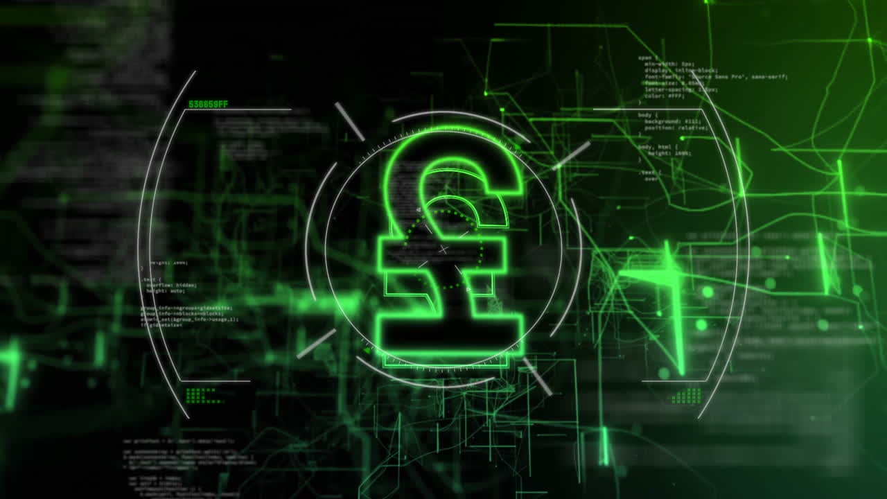Animation of glowing pound symbol with digital data and green network connections