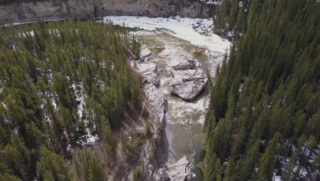 rugged aerial view of boreal river canyon in spring