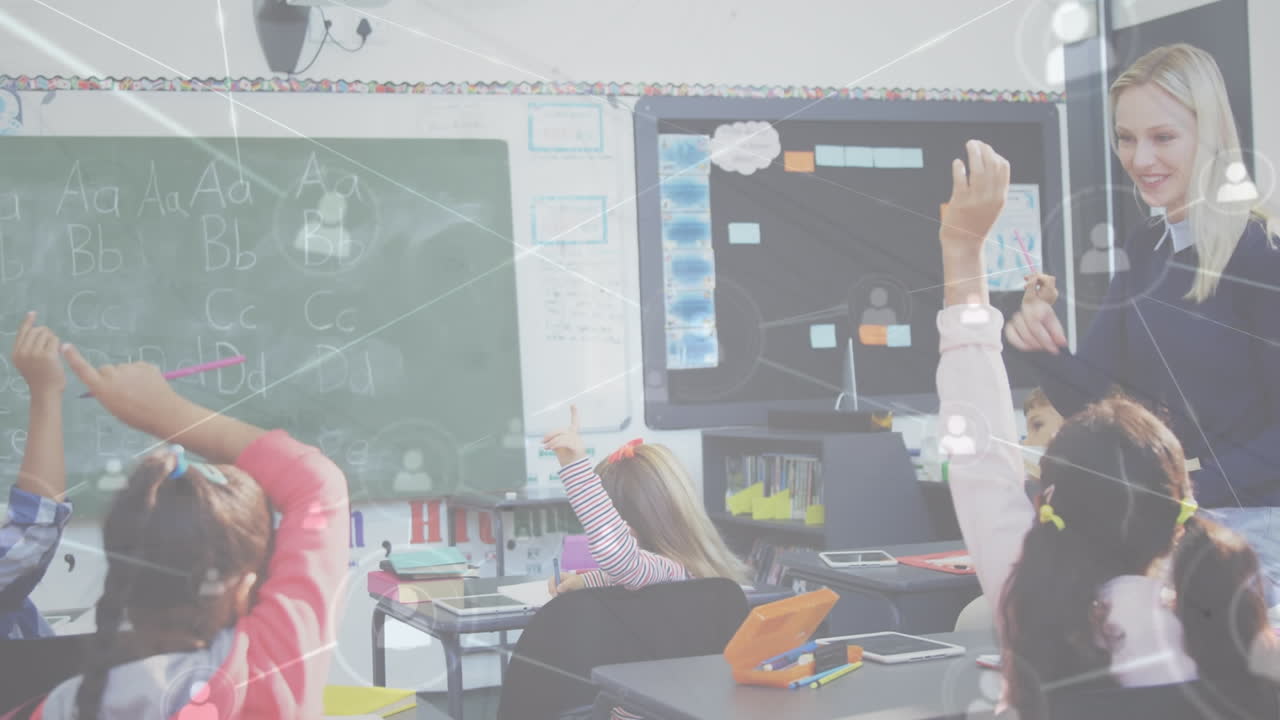 animación de una red de conexiones entre maestros y escolares felices y diversos