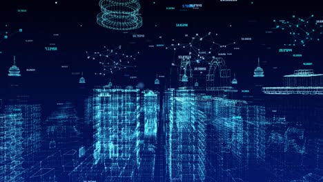 futuristic developed smart city computer network and data skyscrapers cyber city hud high technology