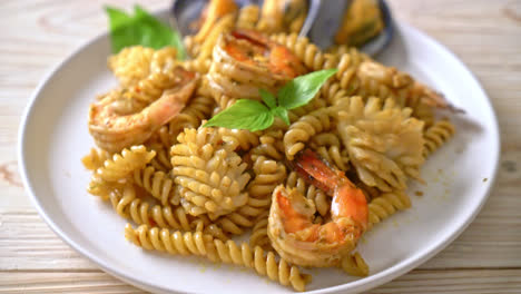 stir-fried-spiral-pasta-with-seafood-and-basil-sauce---fusion-food-style