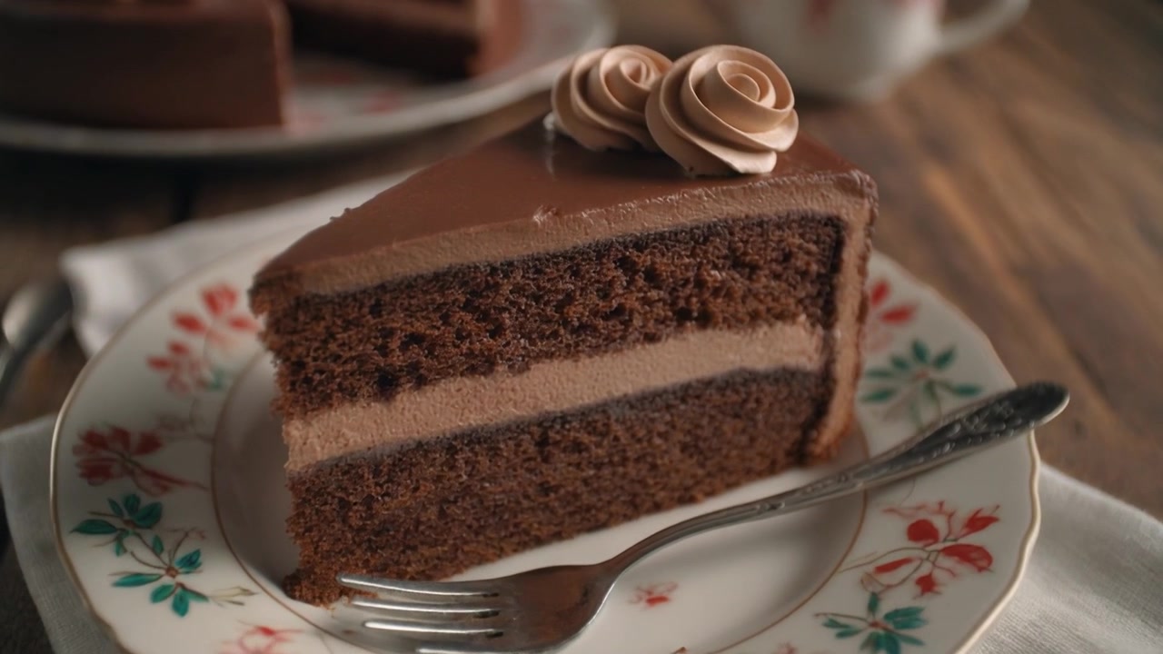 Rebanada de tarta de chocolate rica en capas en plato decorativo