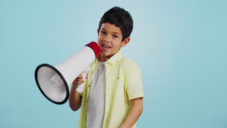 communication, face or child with megaphone