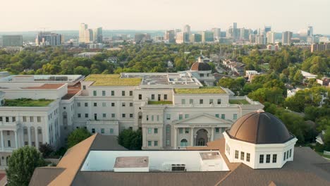 descending aerial of buildings on campus of belmont university in nashville tennessee, usa