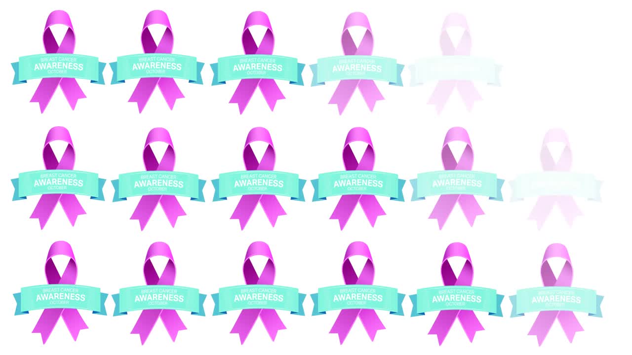 ⁇ 색 배경에 나타나는 여러 개의 분홍색 리본 로고와 유방암 텍스트의 애니메이션