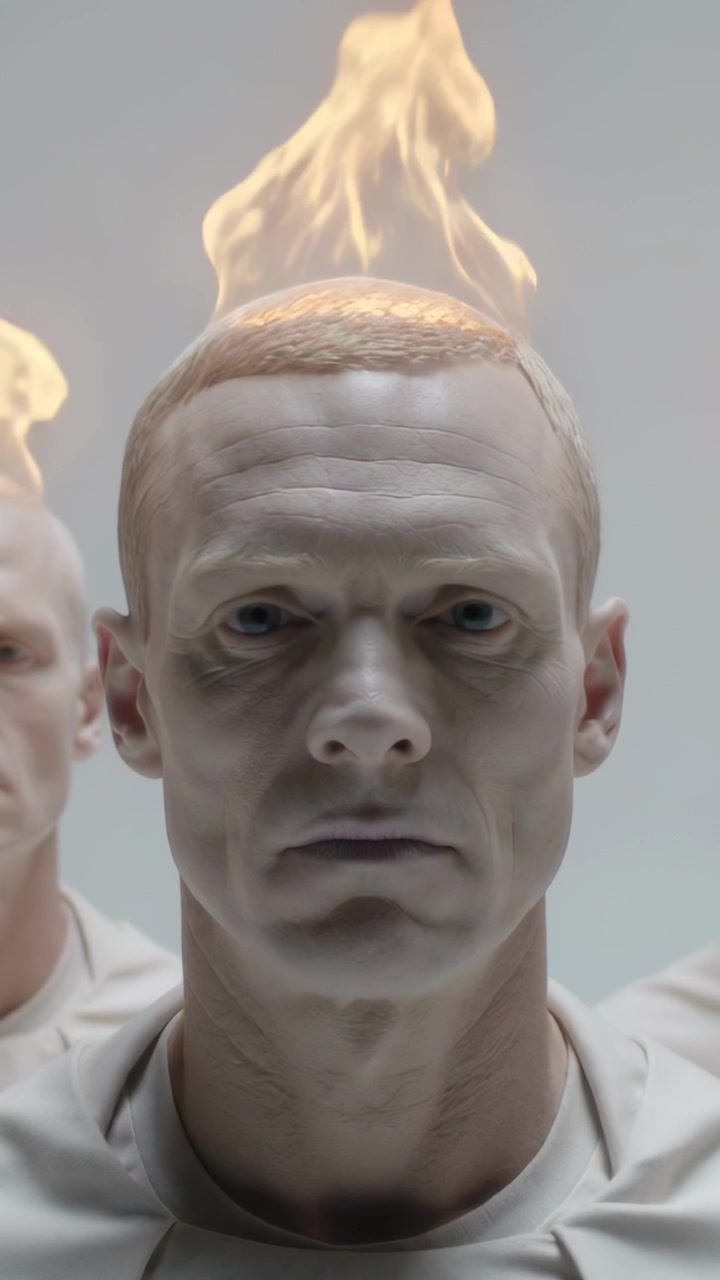 Video verticale: Uomo protagonista impassibile mentre fiamme appaiono sopra le teste in studio, con tuniche chiare, come opera d'arte.