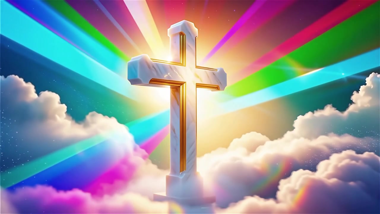 Kristillinen risti taivaallisessa valossa, palvontatausta.