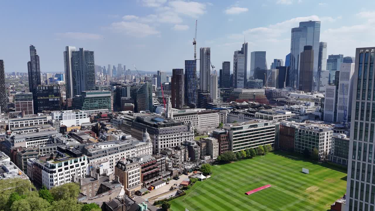 City skyscrapers Panning drone aerial HAC Grounds London cricket pitch event space